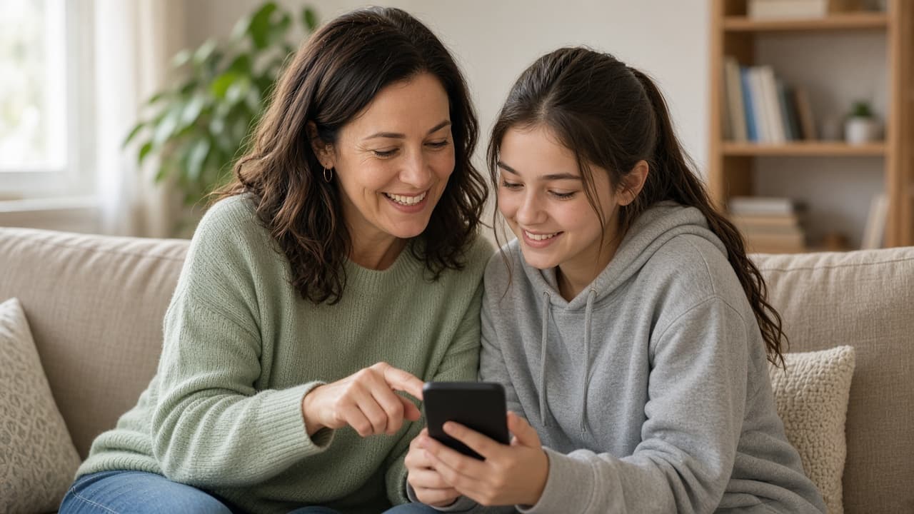 Adult and teen setting up SpyNex together on a phone